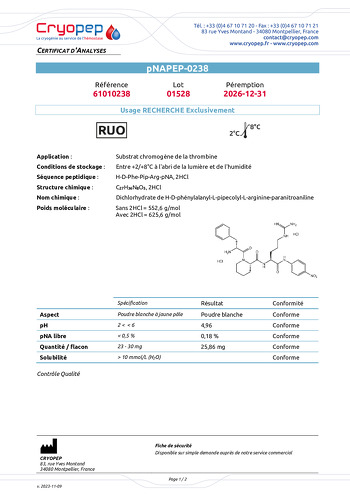 Certificat d'analyses pNAPEP-0238 Substrat Chromogène de la Thrombine FIIa